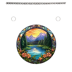 Stained Acrylic Window Hanger Panel, with Metal Chain and Jump Rings, for Suncatcher Window Hanging Decoration, Flat Round with Mountain