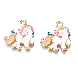 Alloy Enamel Pendants, Cadmium Free & Lead Free, Unicorn, Light Gold