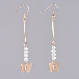 Dangle Earrings, with Glass Pearl Beads, Iron Bar Links, Brass Charms and Earring Hooks, Butterfly