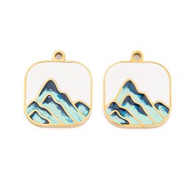 Ion Plating(IP) 304 Stainless Steel Pendants, with Enamel, Real 18K Gold Plated, Square with Moutain Charm