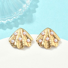 304 из нержавеющей стали болтаться серьги, с абс пластмассовой имитационной жемчужиной, ионное покрытие (ip), формы раковины