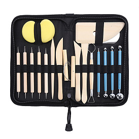Iron & Wood Clay Craft Tool Kits, including Scupture Tool, Ball Stylus Pen, Cleaning Sponge, Scraper, Storage Bag