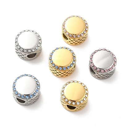 304 Stainless Steel European Beads, with Rhinestone, Large Hole Beads, Flat Round