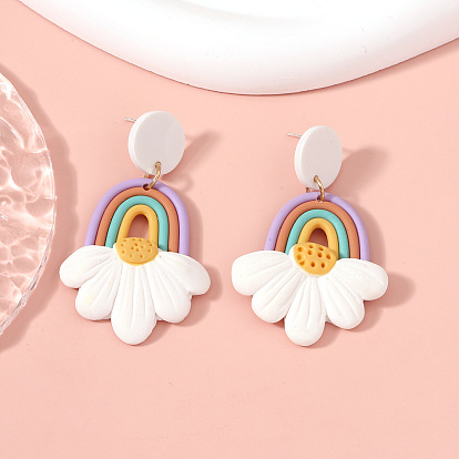 Серьги-гвоздики из полимерной глины с подвесками, радуга с цветком, платина