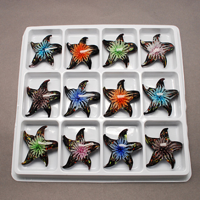 Handmade Gold Sand Lampwork Pendants, Starfish/Sea Stars, Mixed Color, 48x47x15mm, hole: 7mm