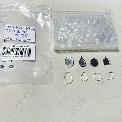 Rohling-Anhänger-Bastelset zum Selbermachen, einschließlich ovaler, tropfenförmiger, quadratischer und flacher runder 304 Anhänger-Cabochonfassungen aus Edelstahl, Glas cabochons