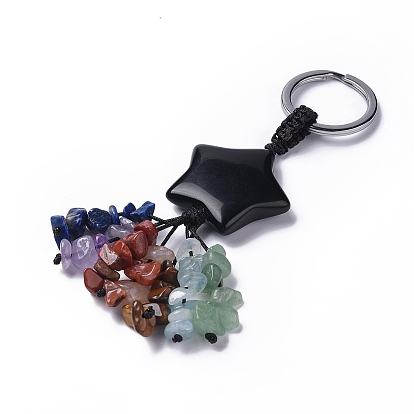 Natural & Synthetic Mixed Gemstone Star with Mixed Gemstone Chips Beaded Tassel Keychains, with 304 Stainless Steel Ring Clasps