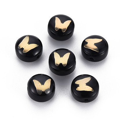 Handmade Lampwork Beads, with Golden Plated Brass Etched Metal Embellishments, Flat Round with Butterfly