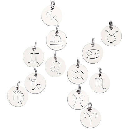 304 подвески из нержавеющей стали, лазерная резка, плоский круглый с созвездием / знак зодиака