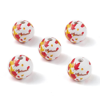 Autumn Printed Natural Wood European Beads, Large Hole Bead, Round with Maple Leaf Pattern