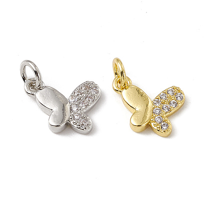Brass Micro Pave Clear Cubic Zirconia Butterfly Charms, with Open Jump Rings