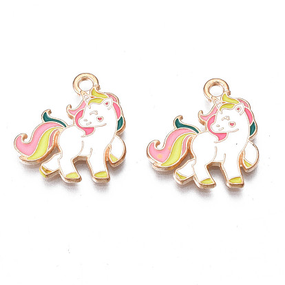 Alloy Enamel Pendants, Cadmium Free & Lead Free, Unicorn, Light Gold