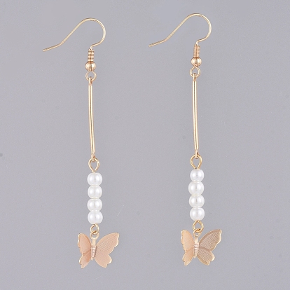 Dangle Earrings, with Glass Pearl Beads, Iron Bar Links, Brass Charms and Earring Hooks, Butterfly