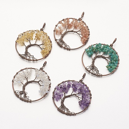 Драгоценный камень большие кулоны, с латунной фурнитурой , плоские круглые с деревом