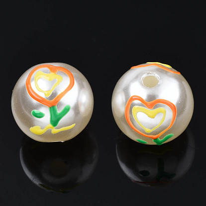 ABS Plastic Imitation Pearl Beads, with Enamel, Round with Flower