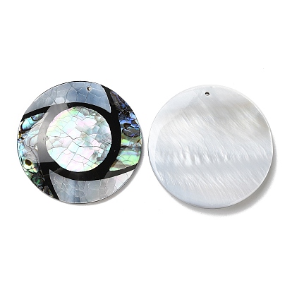 Natural Freshwater Shell & Black Lip Shell & Paua Shell Pendants, Flat Round Charms with Eye Pattern
