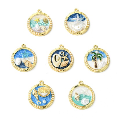 14 шт 7 стили подвески из цинкового сплава с эмалью, с абс пластика имитация жемчуга и оболочки, плоско-круглые