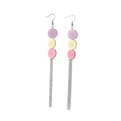 Tassel Earrings, with Painted Poplar Wood, 316 Surgical Stainless Steel Earring Hooks and Cable Chains, Flat Round