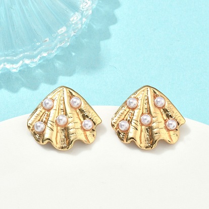 304 из нержавеющей стали болтаться серьги, с абс пластмассовой имитационной жемчужиной, ионное покрытие (ip), формы раковины