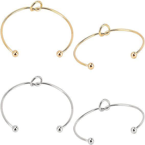 4pcs 2 couleurs 304 fabrication de bracelets manchettes en acier inoxydable avec nœud d'amour, avec fin perles rondes