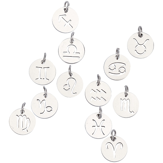 304 подвески из нержавеющей стали, лазерная резка, плоский круглый с созвездием / знак зодиака