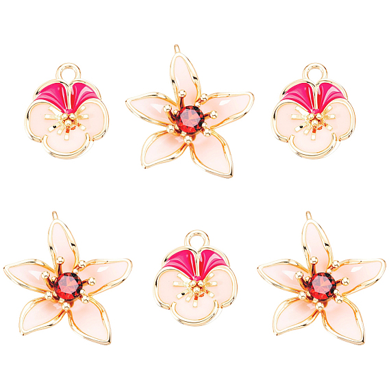 6 piezas 2 estilos encantos de latón esmaltado, encantos de la flor, sin níquel, real 18 k chapado en oro