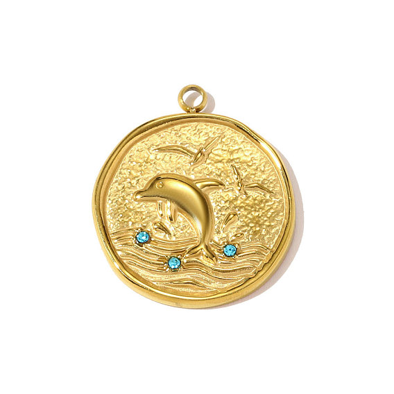 304 из нержавеющей стали горный хрусталь подвески, плоский круглый с подвесками в виде дельфинов, ионное покрытие (ip), зеркальная полировка