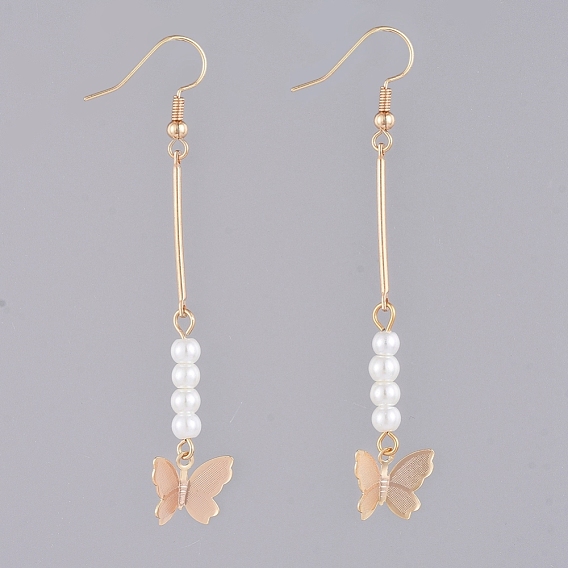 Dangle Earrings, with Glass Pearl Beads, Iron Bar Links, Brass Charms and Earring Hooks, Butterfly