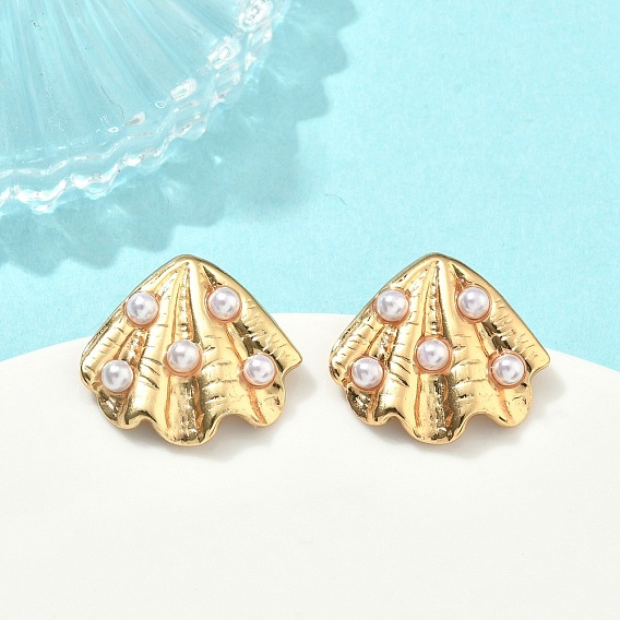 304 из нержавеющей стали болтаться серьги, с абс пластмассовой имитационной жемчужиной, ионное покрытие (ip), формы раковины