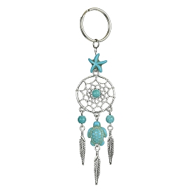 Alloy Woven Net/Web with Feather Pendant Keychain, with Sea Turtle Synthetic Turquoise and Iron Split Key Rings