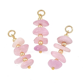 Natural Kunzite & Brass Pendants, Chip Beaded Charms with 304 Stainless Steel Open Jump Rings, Golden