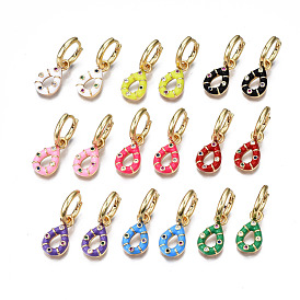 Brass Micro Pave Cubic Zirconia Huggie Hoop Earrings, with Enamel, Nickel Free, Teardrop, Real 16K Gold Plated