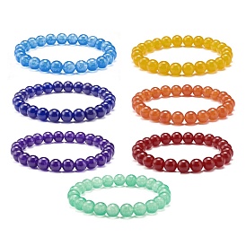 Ensemble de bracelets extensibles de perles rondes de jade de malaisie naturel teint, 7 bracelets empilables chakra pour elle