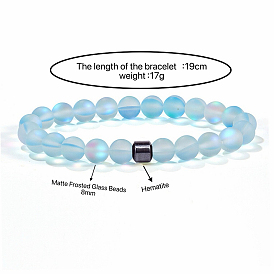 8MM Frosted Round Glass Beaded Stretch Bracelets with Synthetic Non-magnetic Hematite Beads for Women
