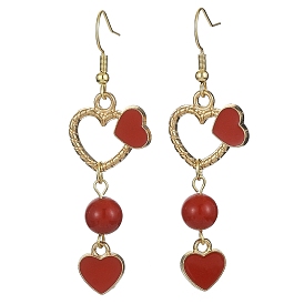 Dyed Natural Mashan Jade Dangle Earrings, Alloy Enamel Heart Long Drop Earings with 304 Stainless Steel Pins for Valentine's Day