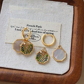Boucles d'oreilles octogonales en laiton émaillé avec motif montagne, Boucles d'oreilles pendantes en perles de plastique et coquillage naturel