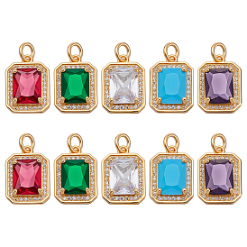 10шт 5 цвета латунные стеклянные подвески, прямоугольные, с микропейвом из прозрачного кубического циркония и прыжковым кольцом, реальный 18 k позолоченный, граненые