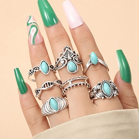 7Pcs Synthetic Turquoise Finger Rings Sets, Alloy Finger Rings for Women