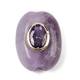Natural Amethyst Beads, with Brass Micro Pave Cubic Zirconia, Flat Oval, Rack Plating, Long-Lasting Plated, Lead Free & Cadmium Free, Real 18K Gold Plated