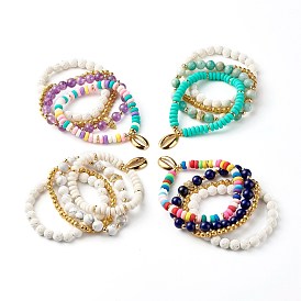 Ensemble de bracelets extensibles à breloques en zircone cubique en forme de coquille pour les femmes adolescentes, bracelets en pierre de lave naturelle & pâte polymère & perles de pierre naturelle
