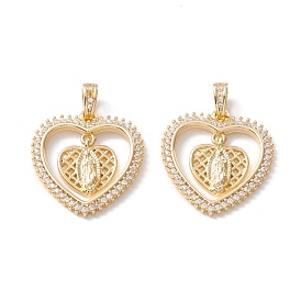 Religion Theme Brass Micro Pave Clear Cubic Zirconia Pendants, Cadmium Free & Lead Free, Heart with Statue of Jesus Christ