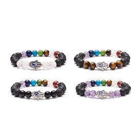 Natural & Synthetic Mixed Gemstone Stretch Bracelet, Alloy Hamsa Hand with Lampwork Evil Eye Beaded Essential Oil Gemstone Bracelet for Women