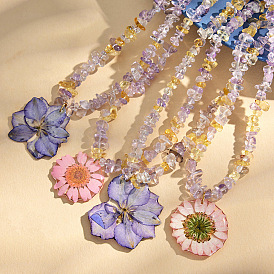 Resin Dried Flower Pendant Natural Amethyst Chip Beaded Necklaces for Women, with 316L Surgical Stainless Steel End Chains, Golden