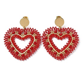 Woven Glass Beaded Heart Dangle Stud Earrings, with Vacuum Plating 304 Stainless Steel Pins