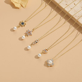 Chic and Luxe Pearl Geometric Zircon Necklace with 14K Gold Plating Pendant for Women