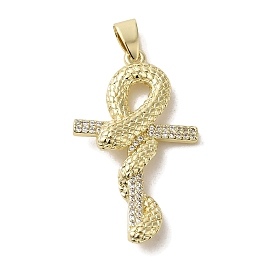 Brass Micro Pave Clear Cubic Zirconia Pendant, Cross with Snake