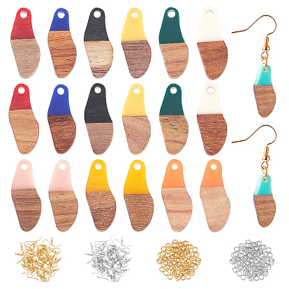 DIY Dangle Earring Making Kits, Resin & Waxed Walnut Wood Pendants, Brass Earring Hooks & Jump Rings, Oval