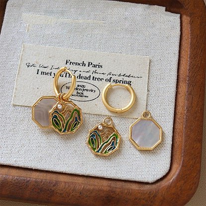 Boucles d'oreilles octogonales en laiton émaillé avec motif montagne, Boucles d'oreilles pendantes en perles de plastique et coquillage naturel