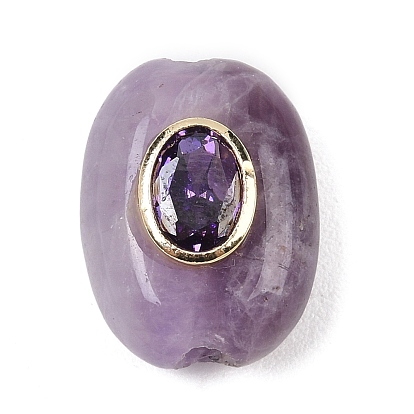Natural Amethyst Beads, with Brass Micro Pave Cubic Zirconia, Flat Oval, Rack Plating, Long-Lasting Plated, Lead Free & Cadmium Free, Real 18K Gold Plated