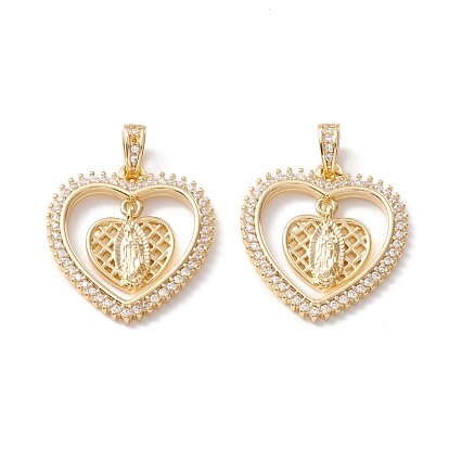 Religion Theme Brass Micro Pave Clear Cubic Zirconia Pendants, Cadmium Free & Lead Free, Heart with Statue of Jesus Christ